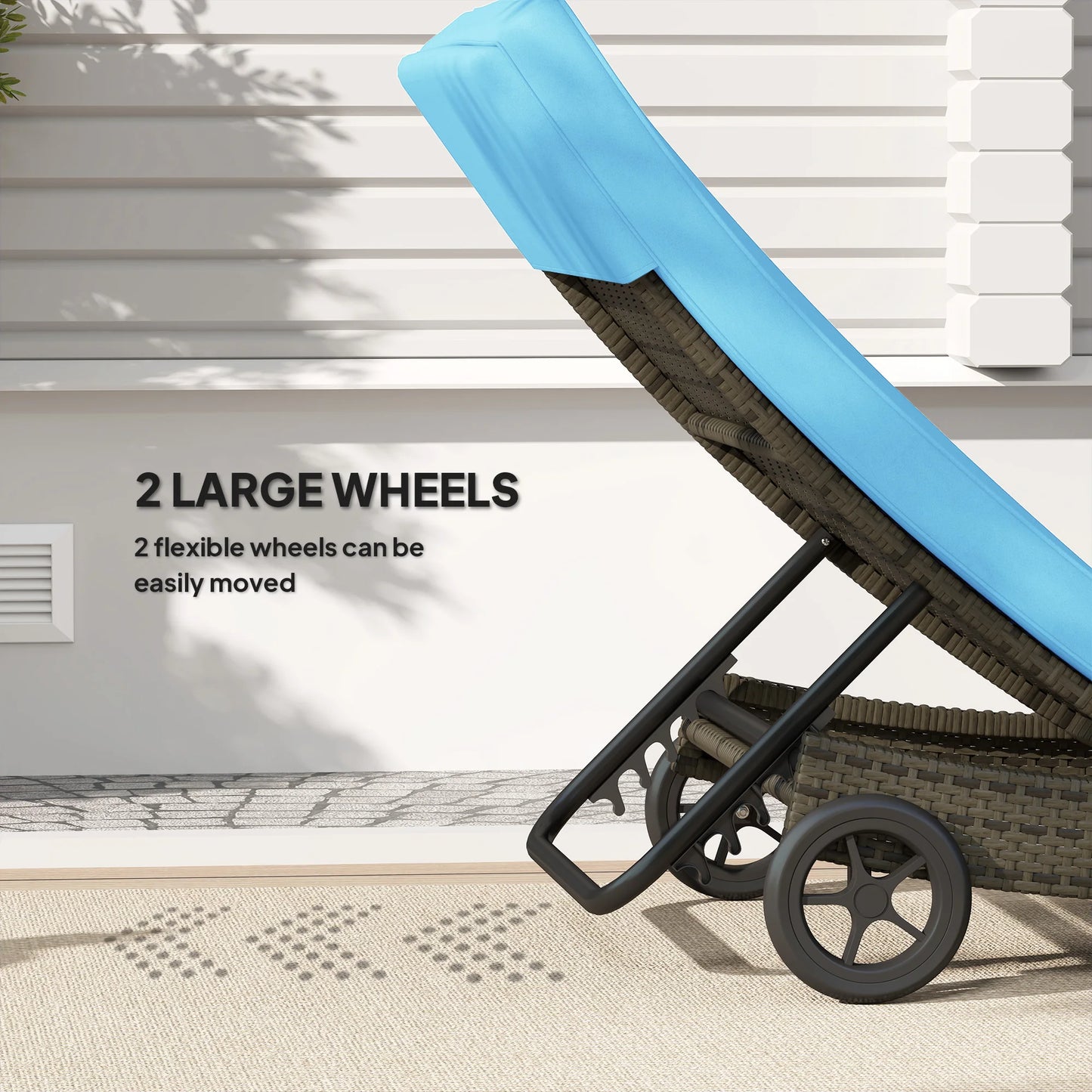 Outdoor Reclining Lounge Chair, PE Wicker, Rolling Wheels, Patio, Sky Blue