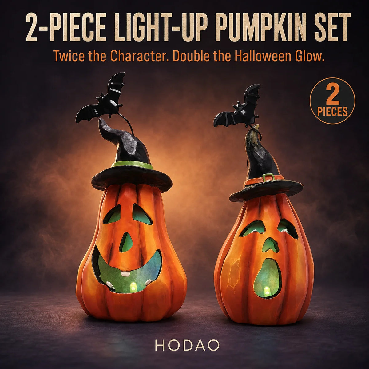 Halloween Pumpkin Figurine Set, 2-Piece LED Light Up Jack-o'-Lantern Decor with Witch Hat & Black Bat Accents, Spooky Glowing Tabletop Figure for Shelf Display, Collectible Fall Seasonal Home Decoration Halloween Gift