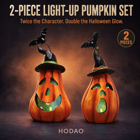 Halloween Pumpkin Figurine Set, 2-Piece LED Light Up Jack-o'-Lantern Decor with Witch Hat & Black Bat Accents, Spooky Glowing Tabletop Figure for Shelf Display, Collectible Fall Seasonal Home Decoration Halloween Gift