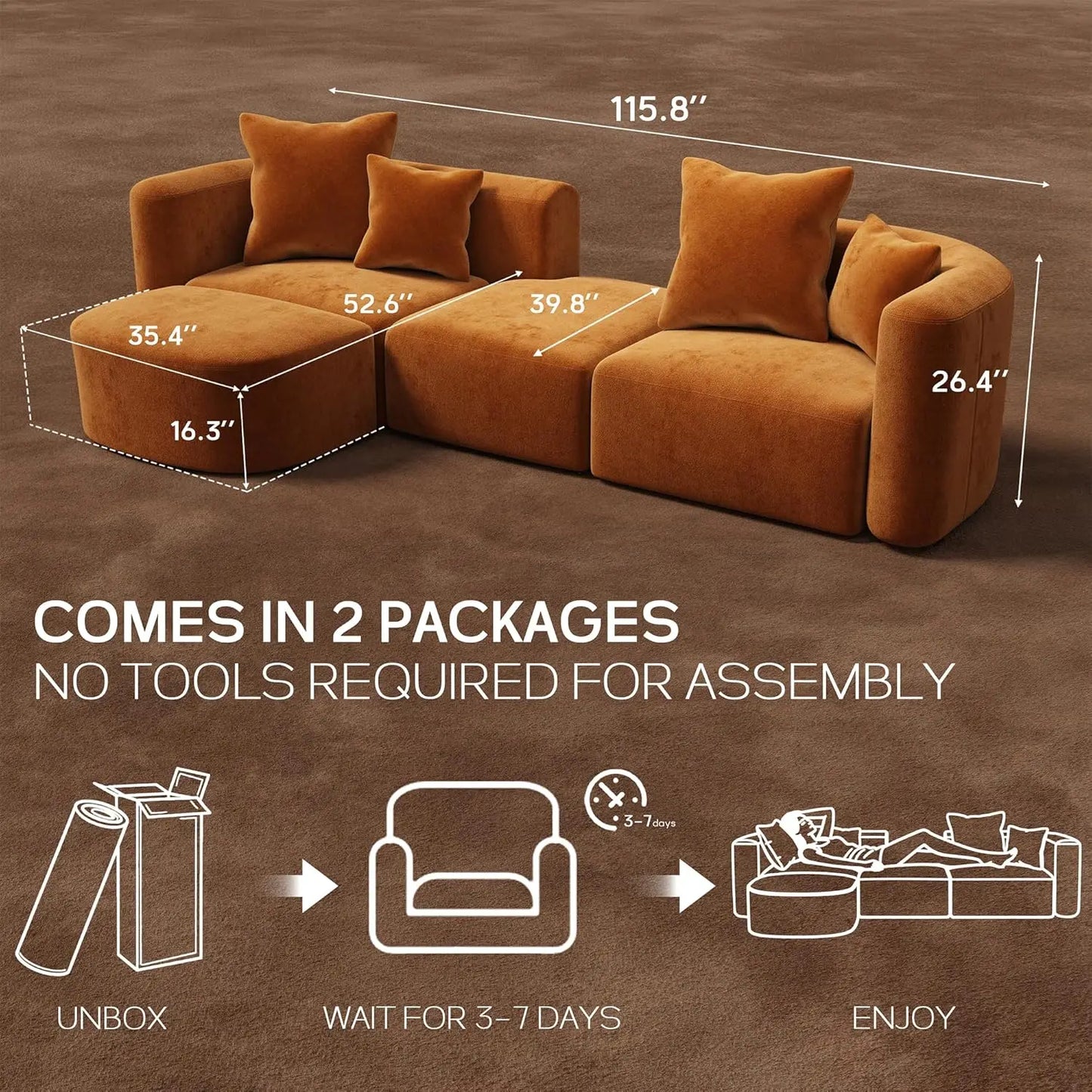 Velvet Modular Sectional Sofa With Ottoman Modern Curved Back