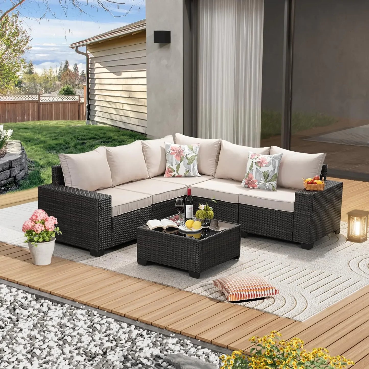 Patio Furniture Set Outdoor Wicker Sectional Conversation Sofa Rattan Patio Seating Sofa with Cushion and Glass Table