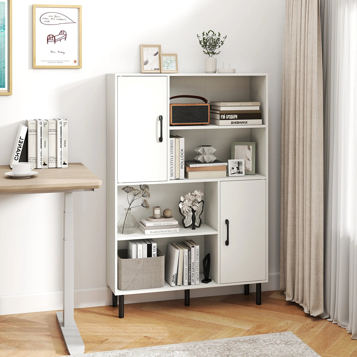 Homasis Wooden Storage Cabinet With Two Doors And Open Shelves