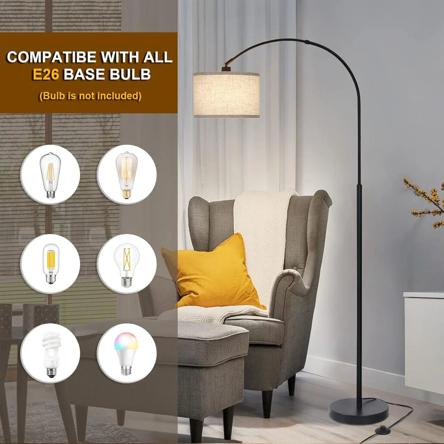 Arc Tall Floor Lamp With Drum Shade And Foot Switch Over-Couch Reading Light