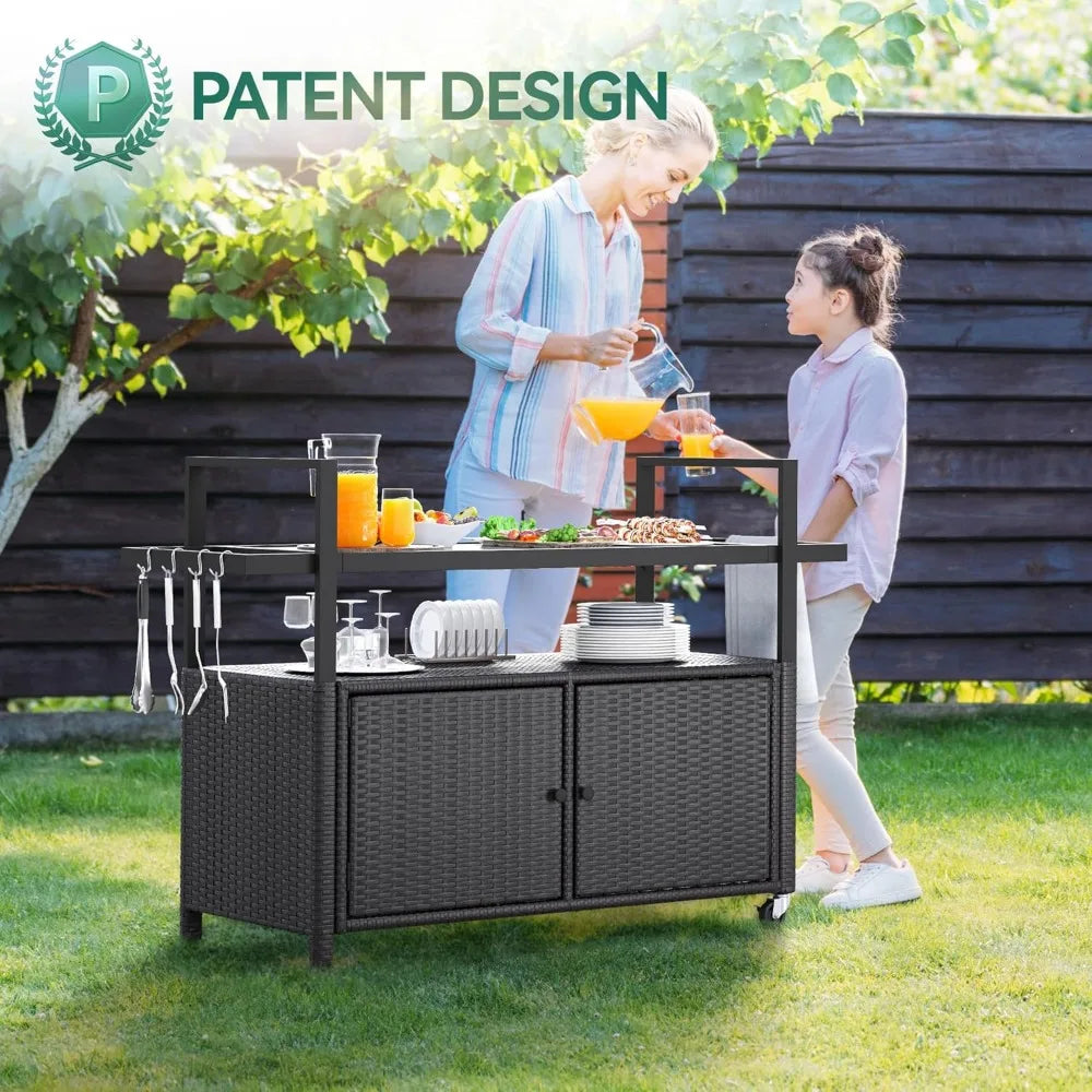Outdoor Kitchen Wicker Island Rolling Cart, Patio Bar Table with wheels