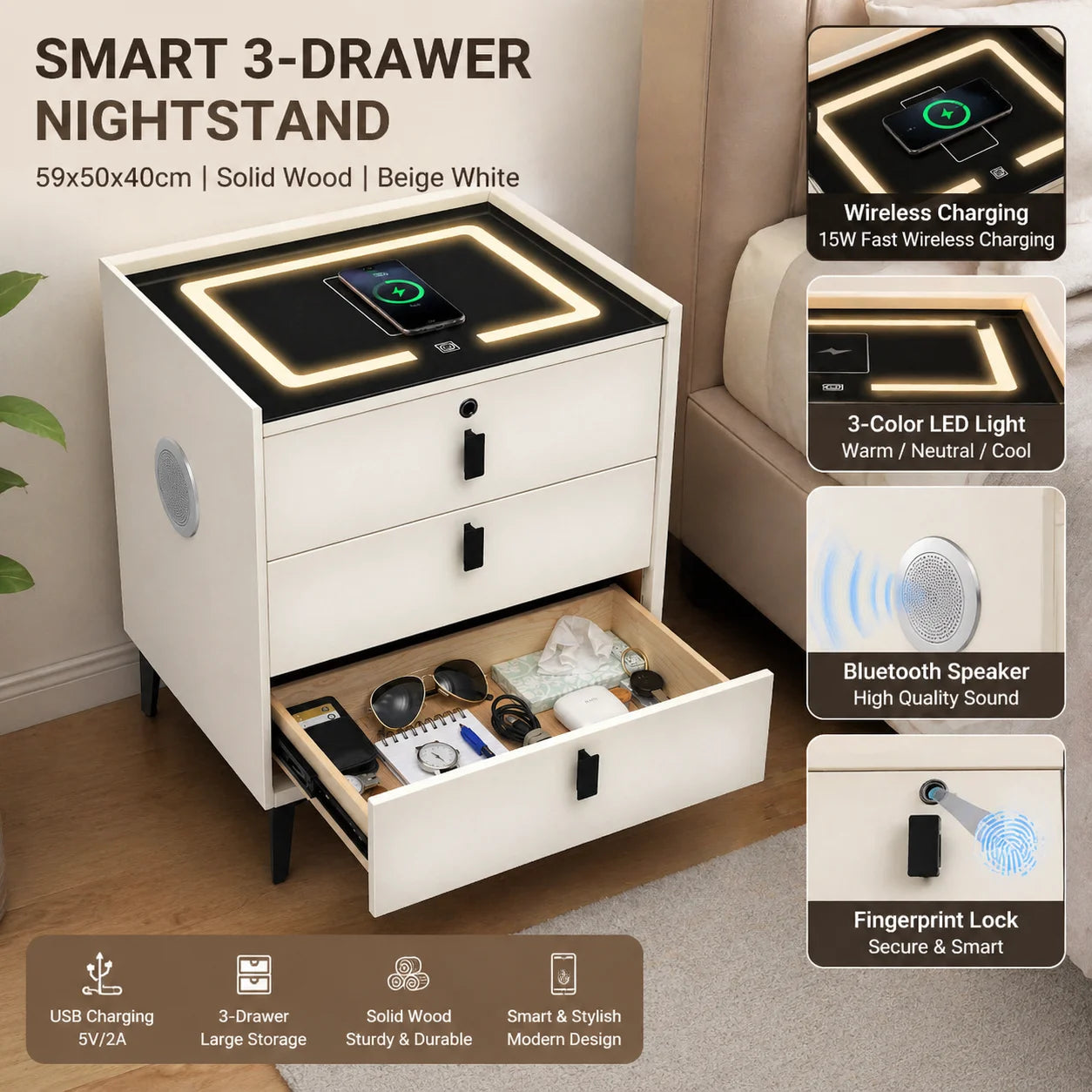 59x50x40cm Solid Wood Smart Nightstand 3-Drawer USB&Wireless Charging BT Speaker Fingerprint Lock 3-Color Light Beige White