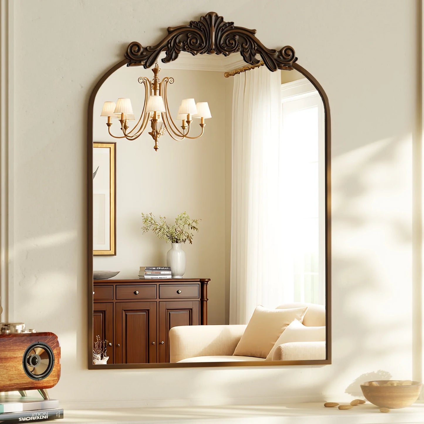BEAUTYPEAK Classic Wall Decor Mirror Arched Metal Vintage Bathroom Mirror