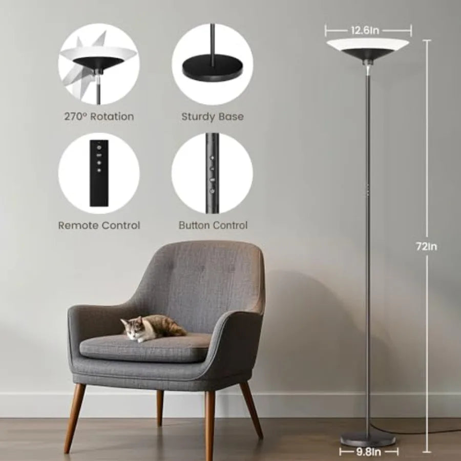 Torchiere Floor Lamp - 72" Tall LED Standing Lamp with Remote/Button Control, 1800Lm, 3000-6500K, 30W Dimmable Modern Corner Fl