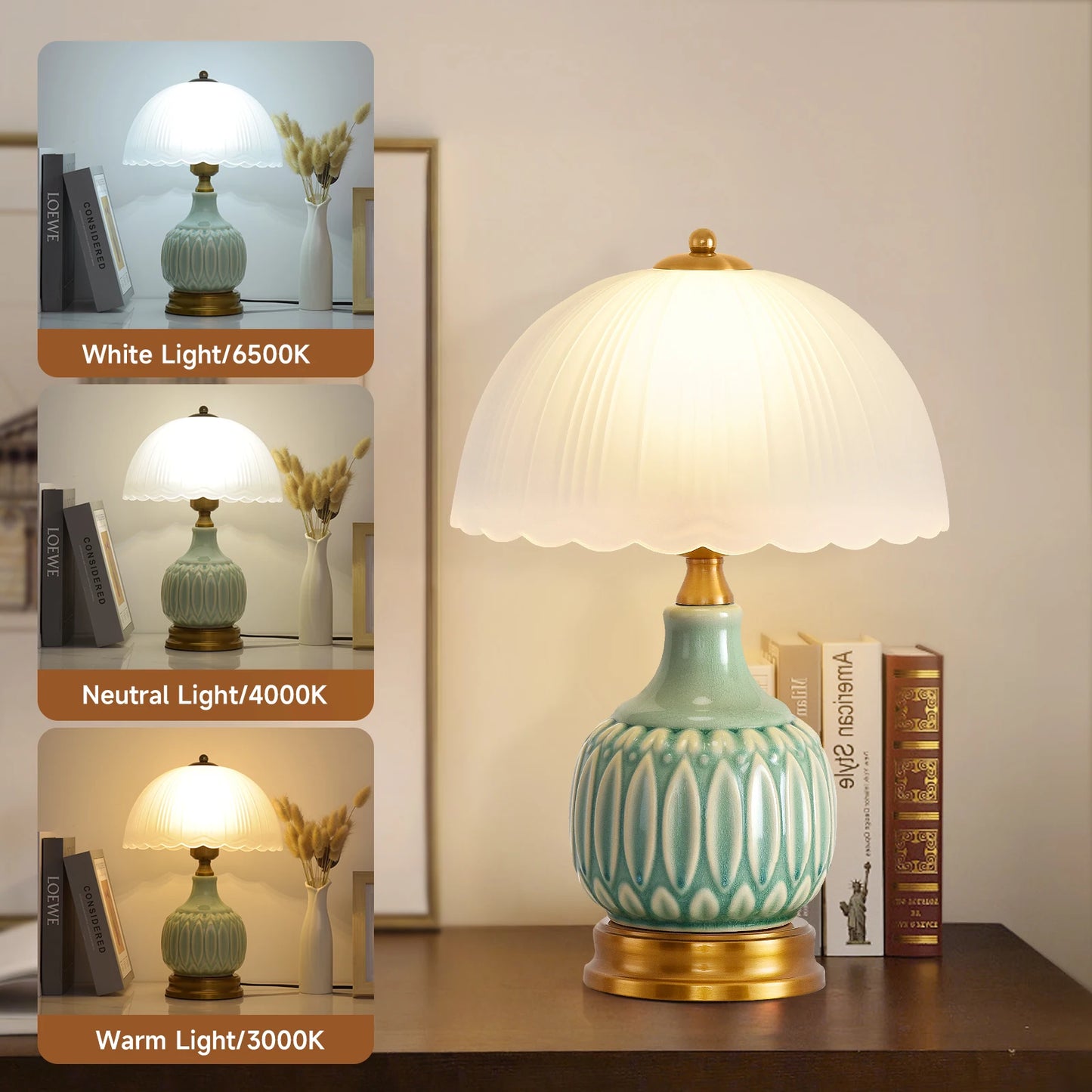 Bedroom Table Lamp, Vintage Gold Table Lamp, Bedroom Ceramic Retro Living Room Lamp, 40.64cm Modern Bedside Nightstand Traditional Lamp, Classic Chinese Green Glass Lamp for Home Decoration