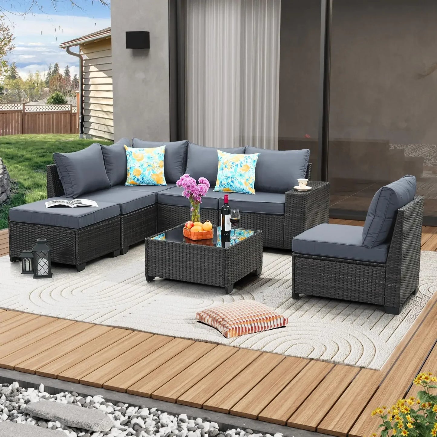 Patio Furniture Set Outdoor Wicker Sectional Conversation Sofa Rattan Patio Seating Sofa with Cushion and Glass Table