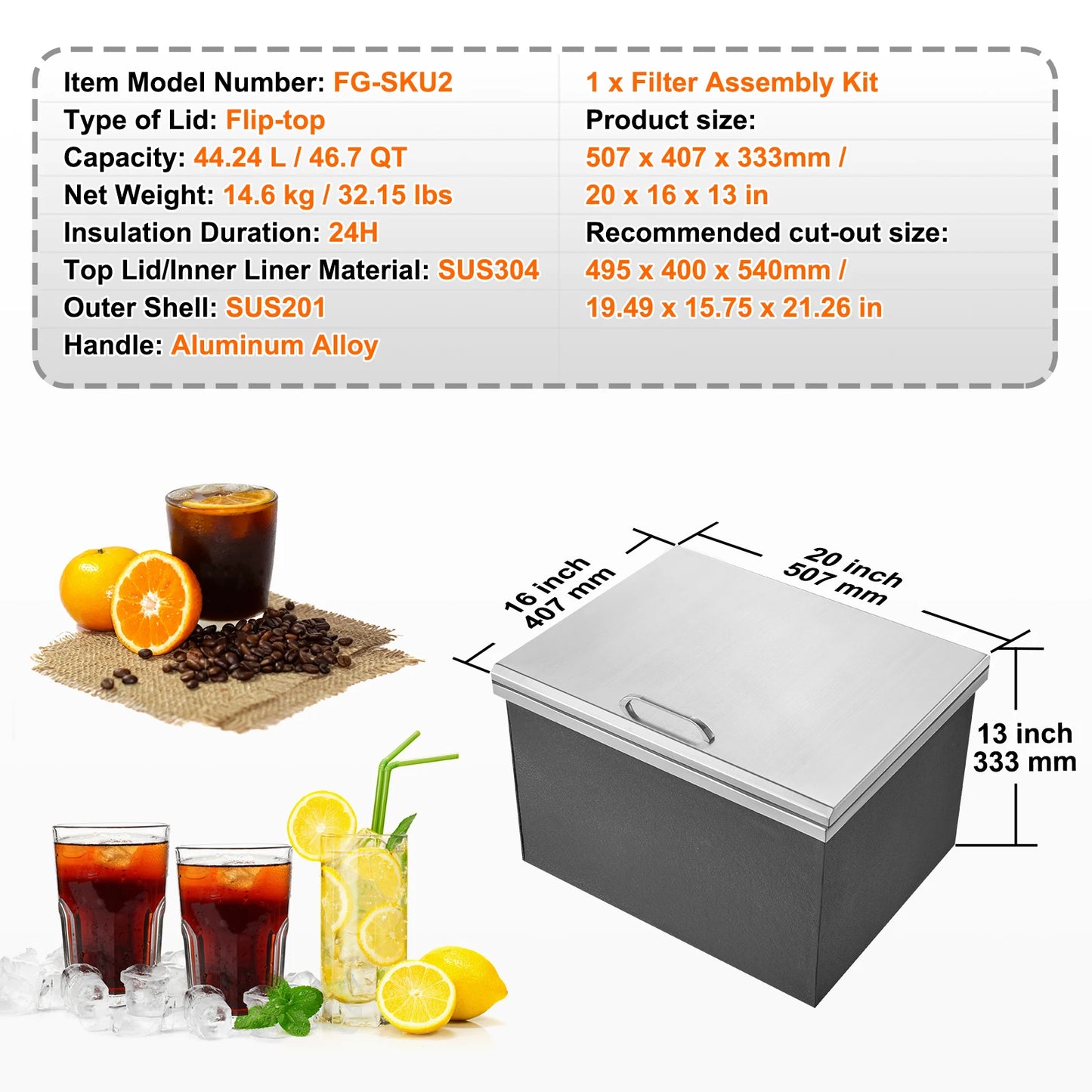 SucceBuy Drop in Ice Chest Stainless Steel Ice Cooler Commercial Ice Bin with Hinged Cover Outdoor Kitchen Ice Bar