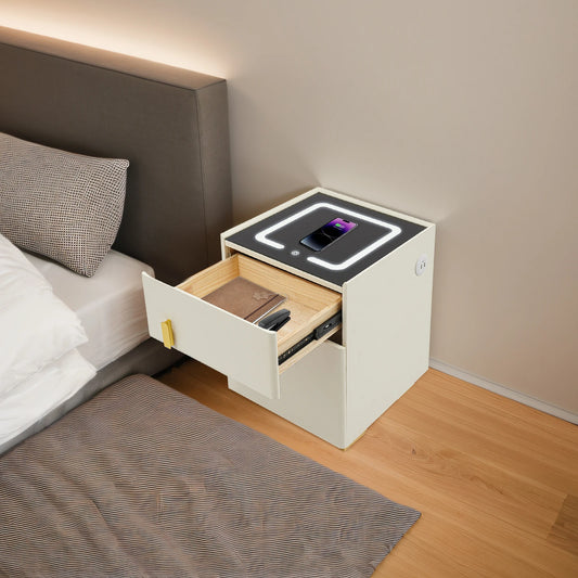 Electronic Lock Bedside Table with Safe Box, USB Charging Nightstand with LED Lights for Master Bedroom and Apartment