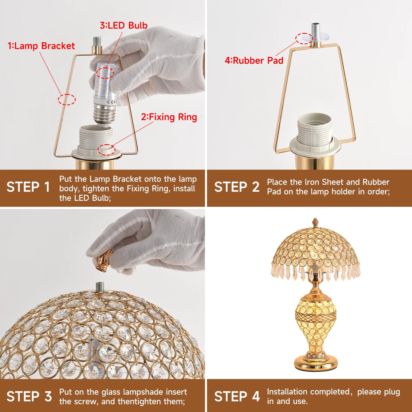 Elegant Crystal Table Lamp Three-Color Adjustable Bedroom Bedside Night Light Gold-Plated Metal Desktop Lamp Living Room Bedroom Home Decorative Light