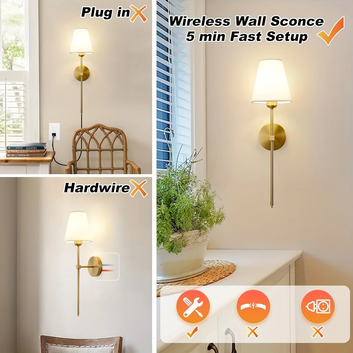 Battery Operated Wall Sconce Set of 2,Gold Rechargeable Wall Lights with Dimmable Bulbs and Remote,10 Colors Wireless W