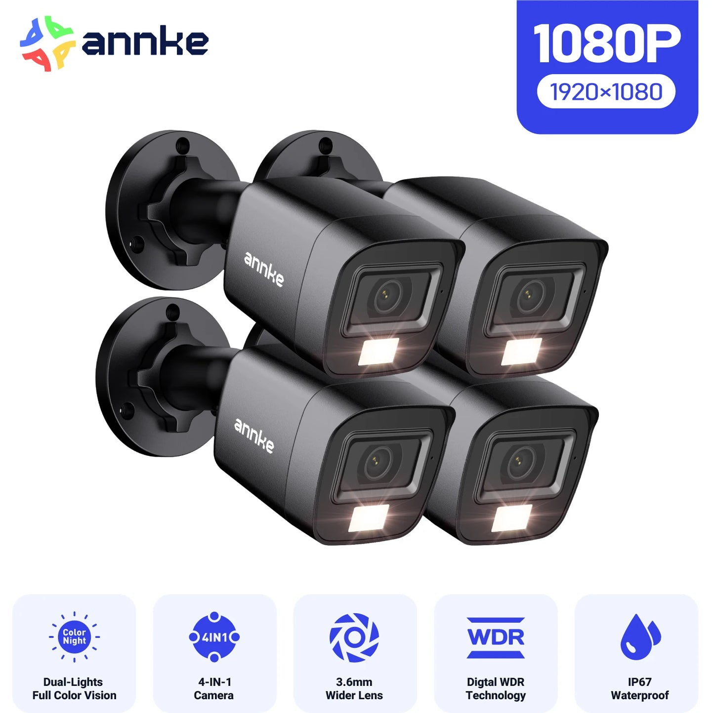 ANNKE 1080P HD-TVI Security Camera Kit 4PCS 2MP Bullet Outdoor Weatherproof Housing 66ft Super Night Vision Smart IR CCTV Camera