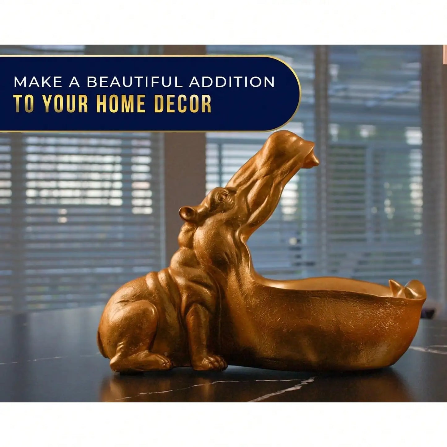 Hip Hippo Resin Figurine – Funky Hippopotamus Sculpture With Open Bowl Design For Snacks, Keys, Or Trinkets – Decorative Holder With Elegant Golden Finish – Playful Accent For Modern Decor