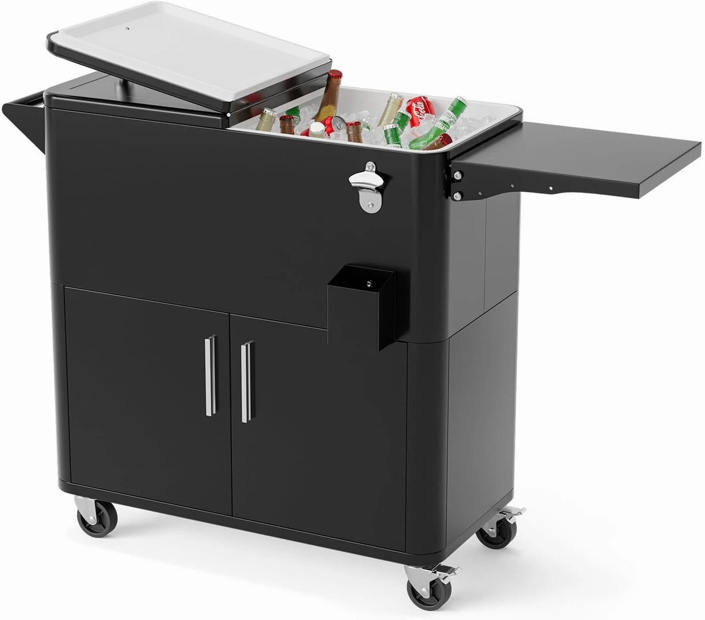 Outdoor Patio Beverage Cooler Ice Chest with Attached Storage Cabinet, Built-In Bottle Opener & Bottom Drainage System, Rolling Beverage Storage Cart for Parties, Deck, Pool and Backyard Gathering