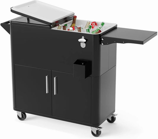 Outdoor Patio Beverage Cooler Ice Chest with Attached Storage Cabinet, Built-In Bottle Opener & Bottom Drainage System, Rolling Beverage Storage Cart for Parties, Deck, Pool and Backyard Gathering