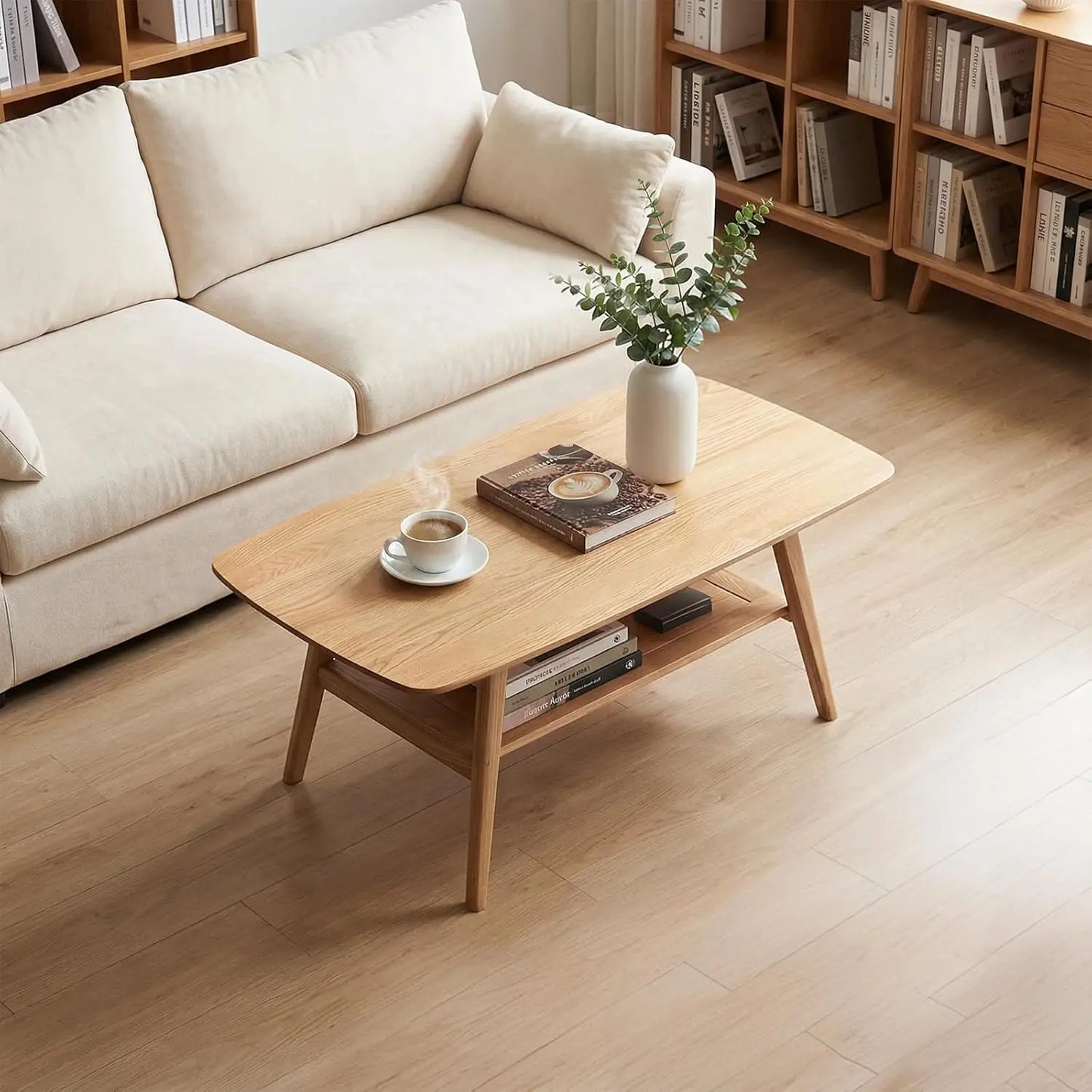 Solid Wood Coffee Table With Two Tier Storage Shelf For Living Room