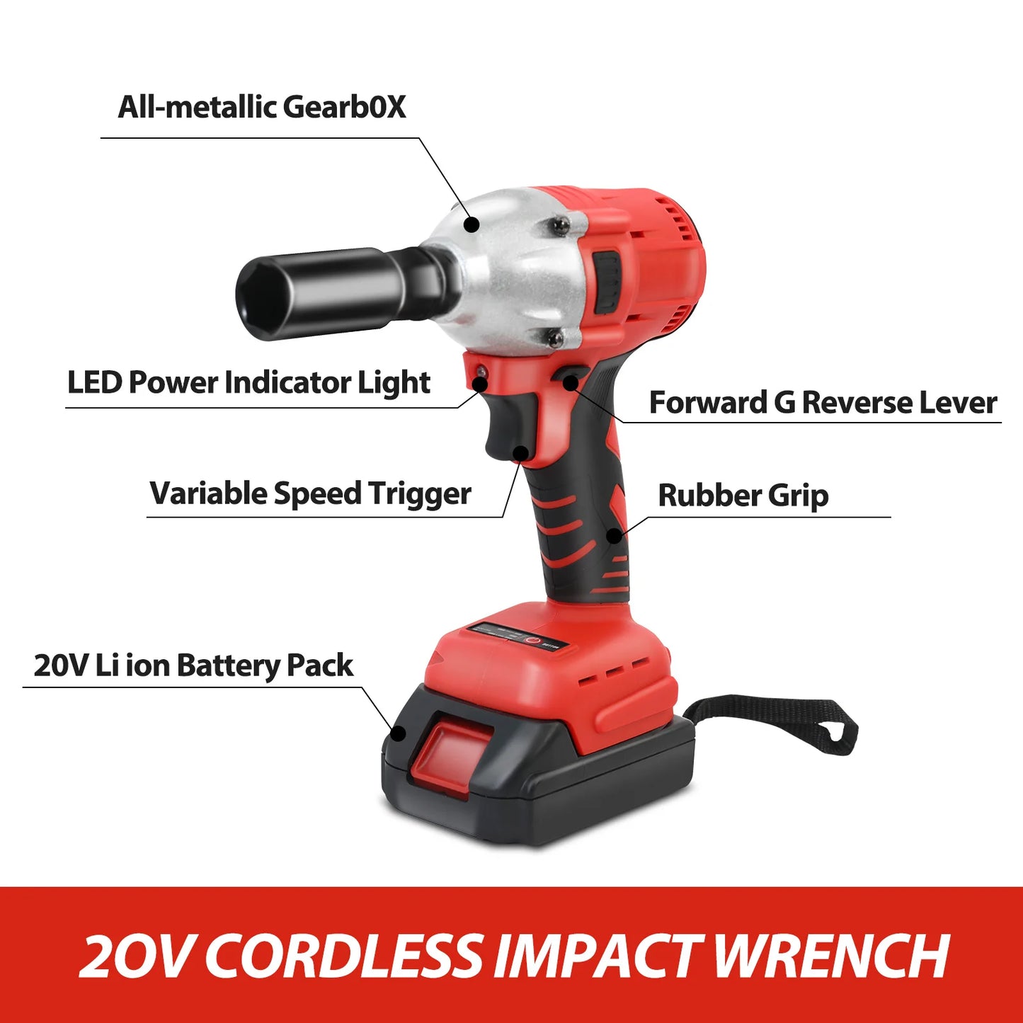 1000Nm Cordless Impact Wrench Brushless 20V For Car And Truck
