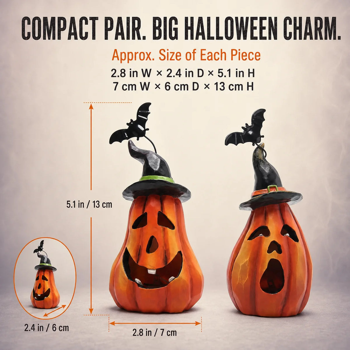 Halloween Pumpkin Figurine Set, 2-Piece LED Light Up Jack-o'-Lantern Decor with Witch Hat & Black Bat Accents, Spooky Glowing Tabletop Figure for Shelf Display, Collectible Fall Seasonal Home Decoration Halloween Gift