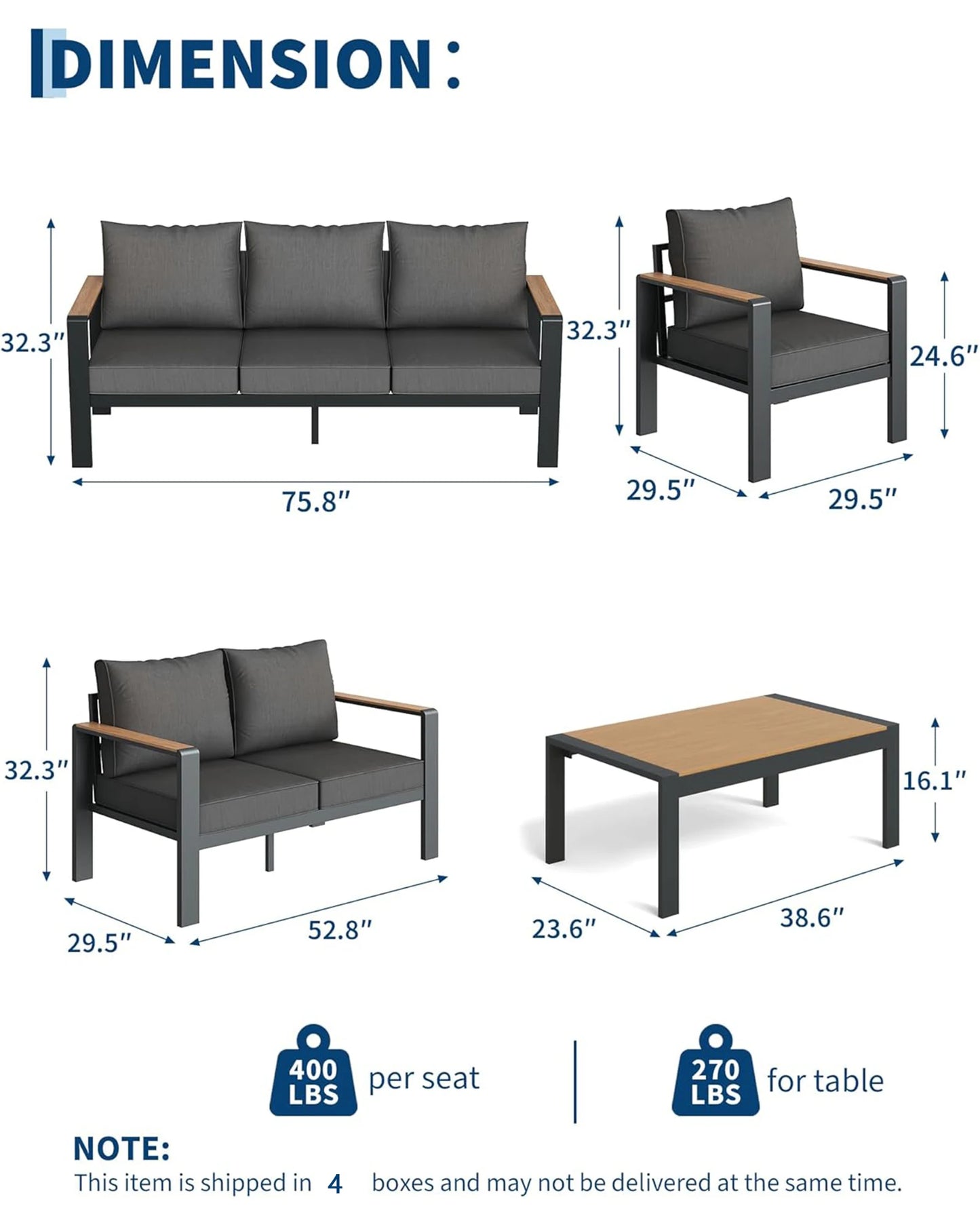 7 Seat Aluminum Patio Furniture Set, Outdoor Sectional Sofa With 5 Inch Thick Cushions & Coffee Table