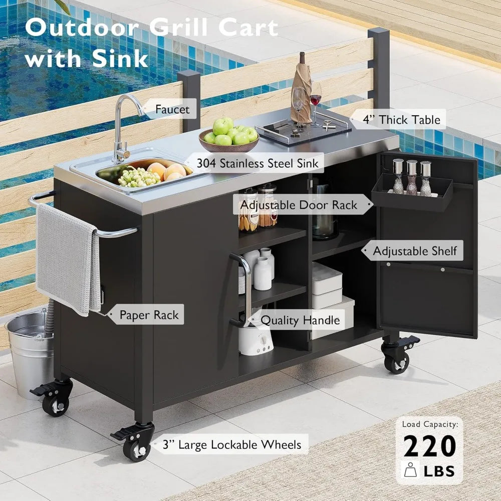 Kitchen Island with Sink, Outdoor Bar Cart Station