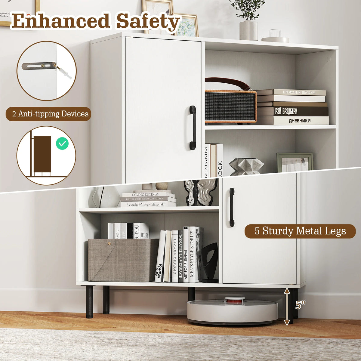 Homasis Wooden Storage Cabinet With Two Doors And Open Shelves