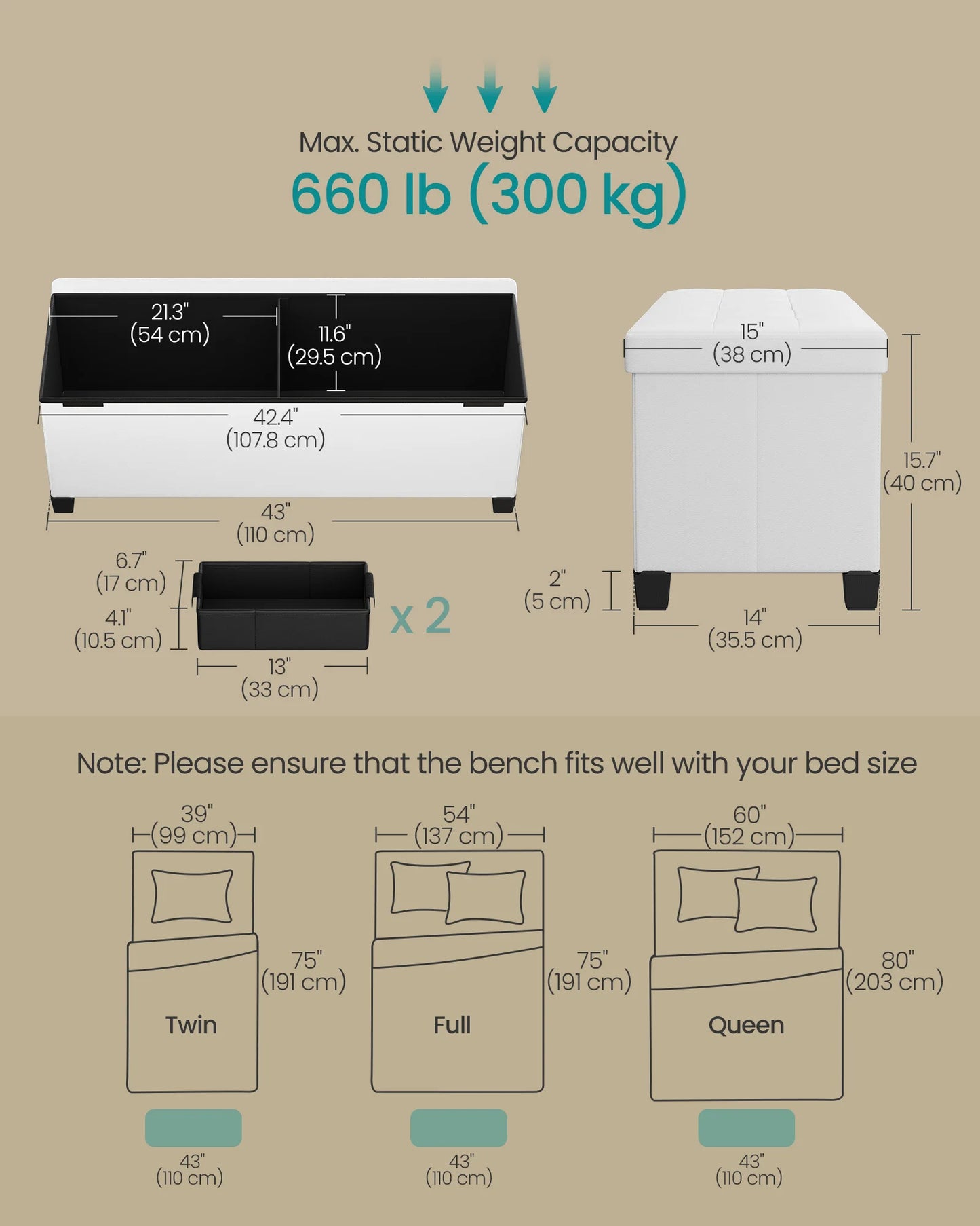 SONGMICS Storage Ottoman, Storage Bench with Legs, 15 x 43 x 15.7 Inches, Ottoman Bench, 30 Gal. (112 L), Synthetic Leather