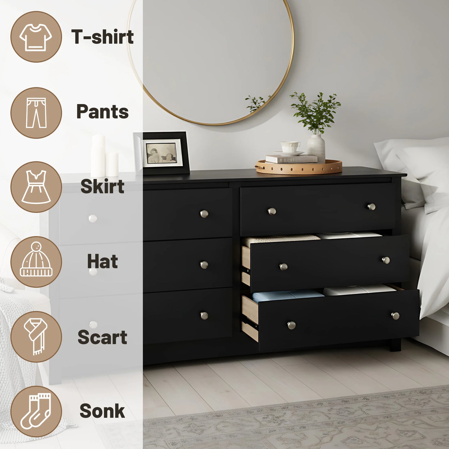 Wood 6 Dresser Drawers Cabinet for Living Room Stable Structure Storage Wide Chest of Drawers Furniture For Bedroom