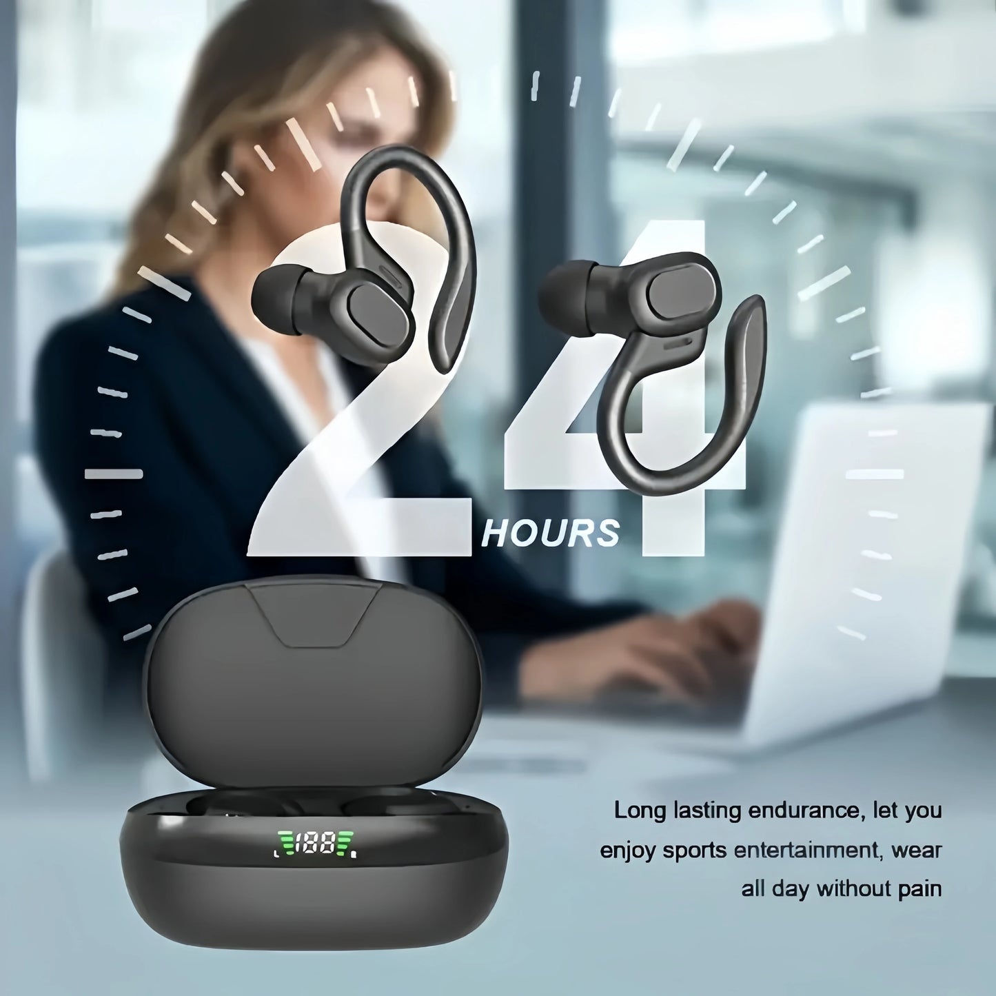 True Wireless Earbuds, Headphones with Microphone, Sports Ear Clip, In-Ear Headphones with Led Display