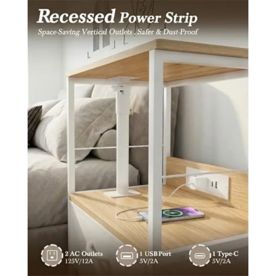 Swivel Lift Top Nightstand with Charging Station Rolling Side Table for Recliner Bedside Table with Wheels and Fabric for Small
