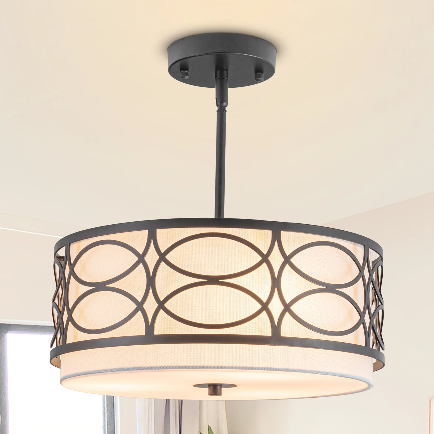 3-Light Drum Chandelier Iron Semi-Flush Mount Ceiling Fixture Dining Room