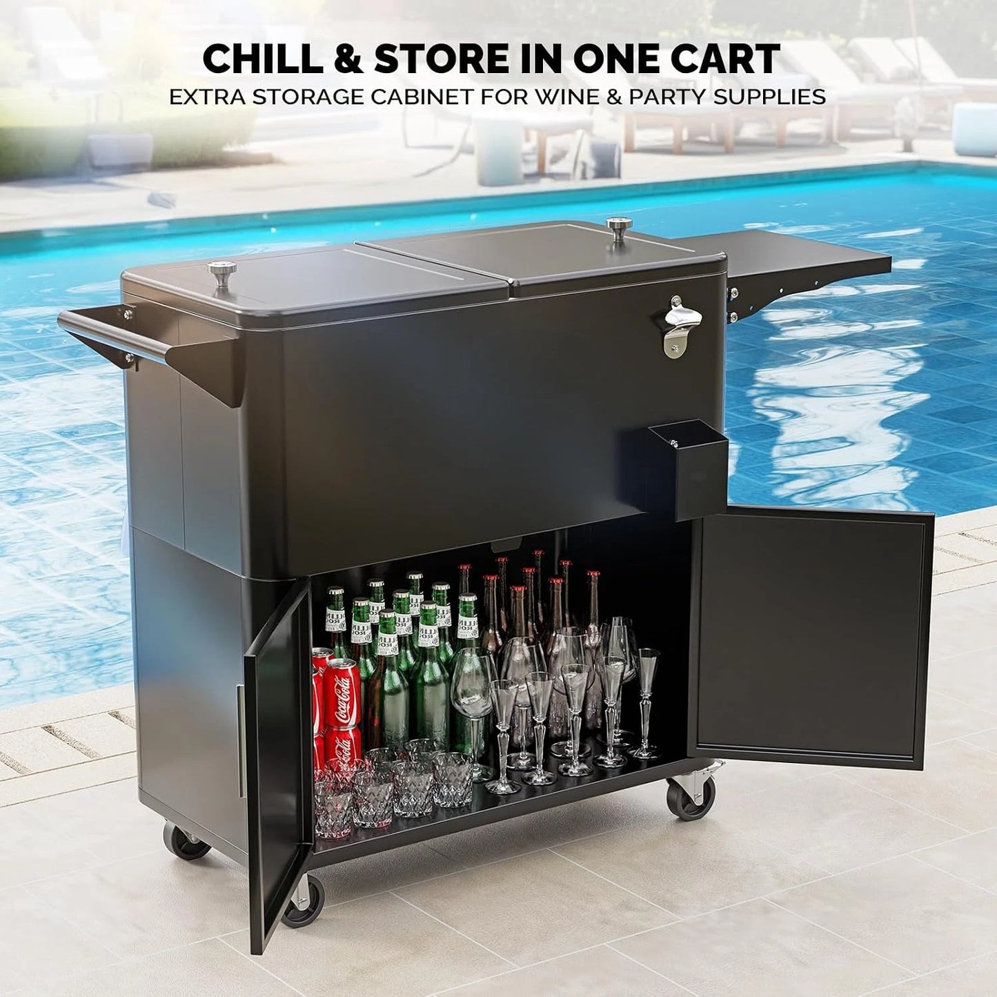Outdoor Patio Beverage Cooler Ice Chest with Attached Storage Cabinet, Built-In Bottle Opener & Bottom Drainage System, Rolling Beverage Storage Cart for Parties, Deck, Pool and Backyard Gathering