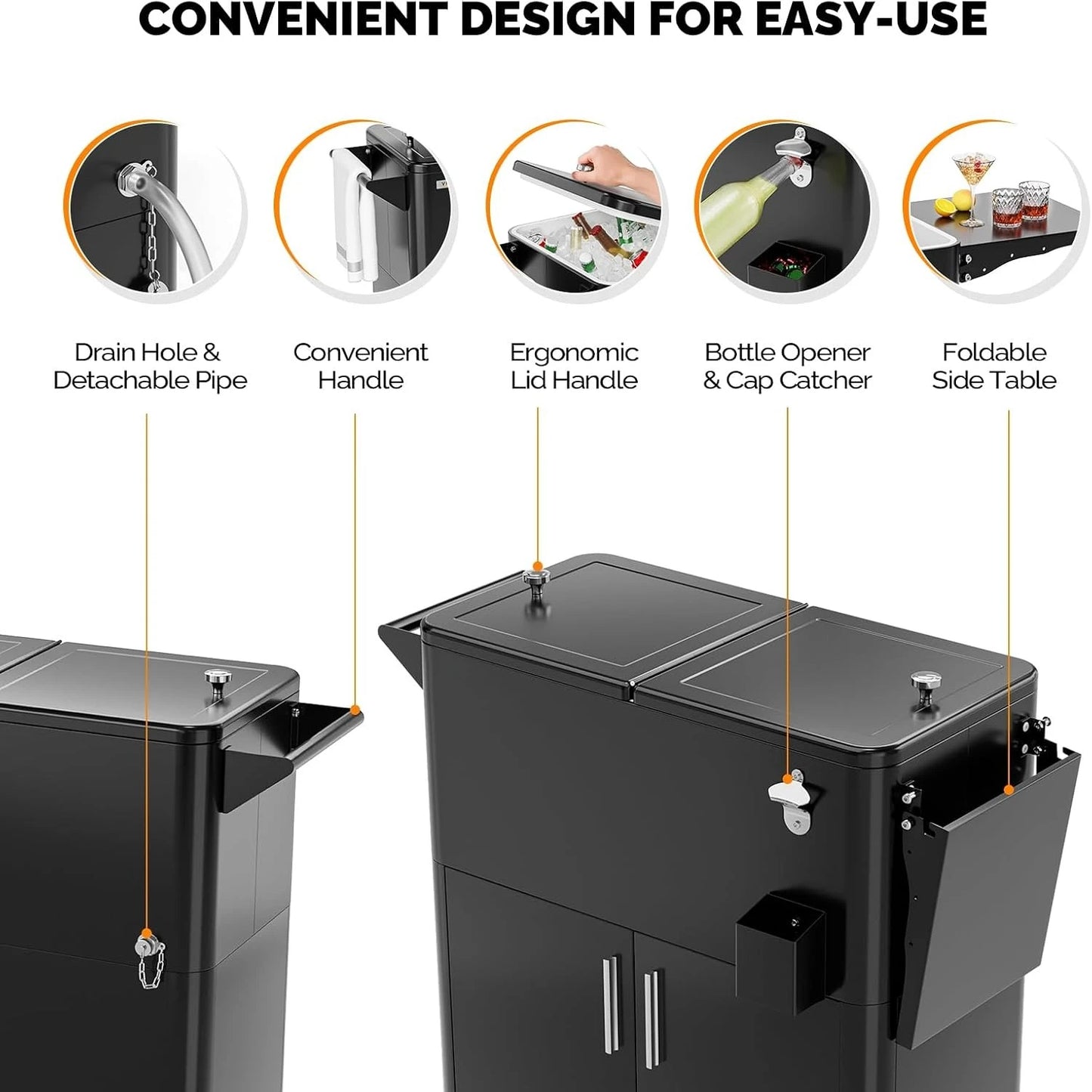 Outdoor Patio Beverage Cooler Ice Chest with Attached Storage Cabinet, Built-In Bottle Opener & Bottom Drainage System, Rolling Beverage Storage Cart for Parties, Deck, Pool and Backyard Gathering
