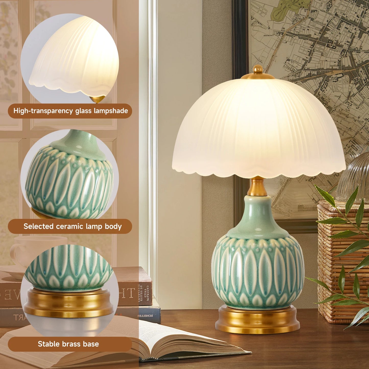 Bedroom Table Lamp, Vintage Gold Table Lamp, Bedroom Ceramic Retro Living Room Lamp, 40.64cm Modern Bedside Nightstand Traditional Lamp, Classic Chinese Green Glass Lamp for Home Decoration