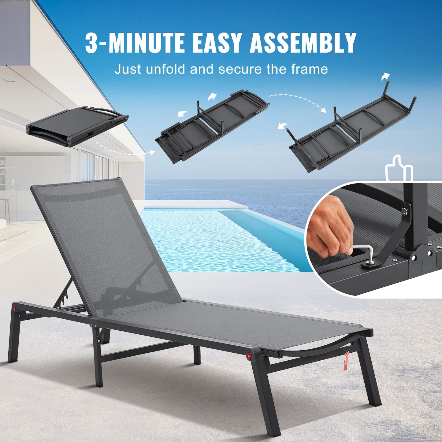 Chaise Lounge Chair Outdoor Aluminum Patio Lounge Folding Pool Lounge Recliner
