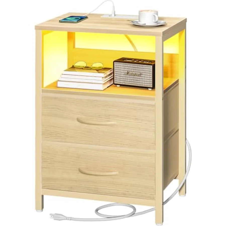 Nightstand with Charging Station, LED Night Stand with Fabric Drawers and Storage Shelf for Bedroom, Nightstands Bedside Tables