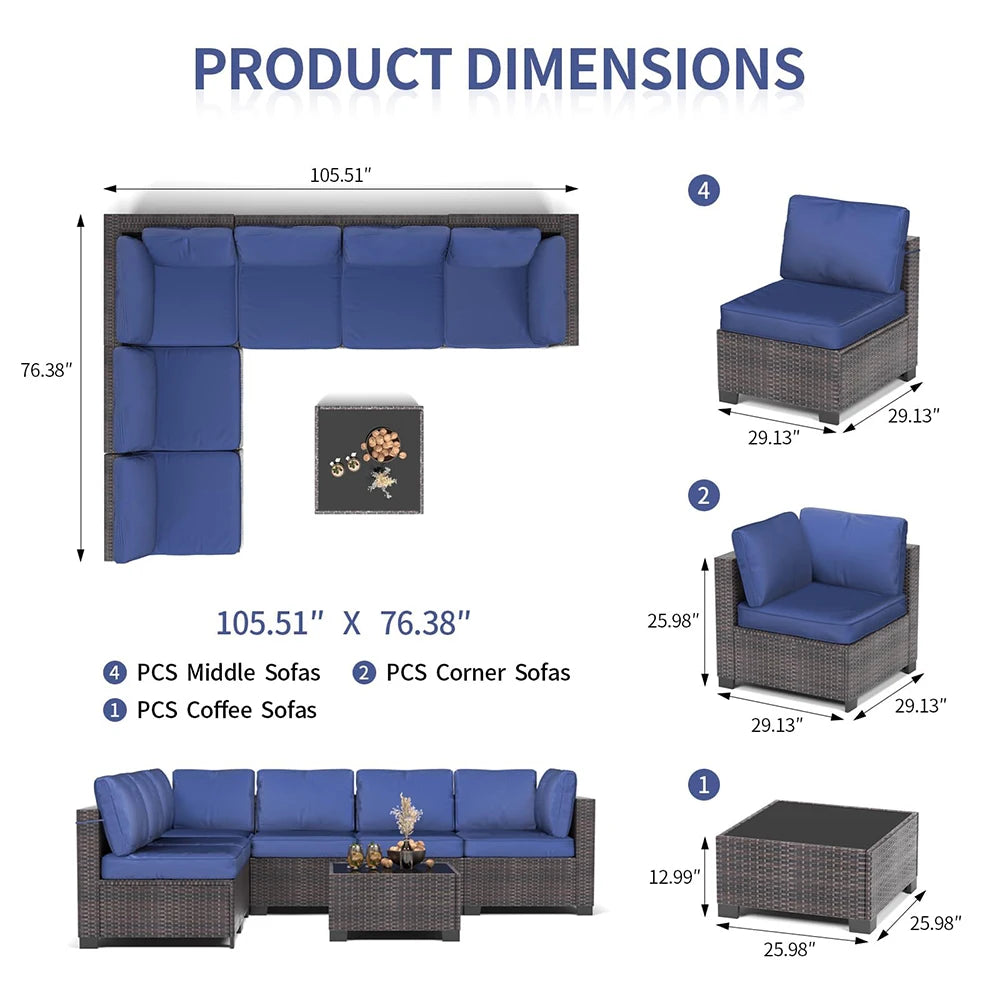 HiMISS 7-Piece PE Rattan Patio Set With Cushions Glass Table