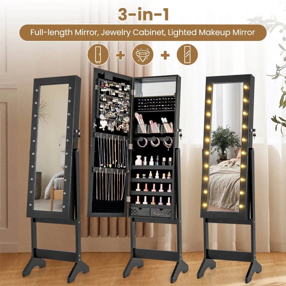 Homasis Led Mirror Jewelry Cabinet With Adjustable Viewing Angles