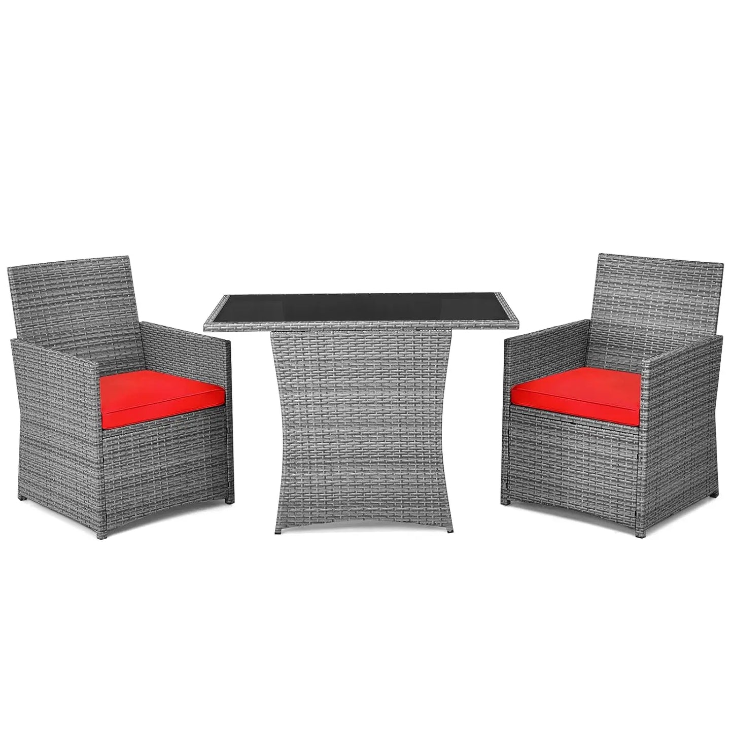 3 Piece Patio Rattan Furniture Set with Coffee Table, Cushioned Dining Chairs,