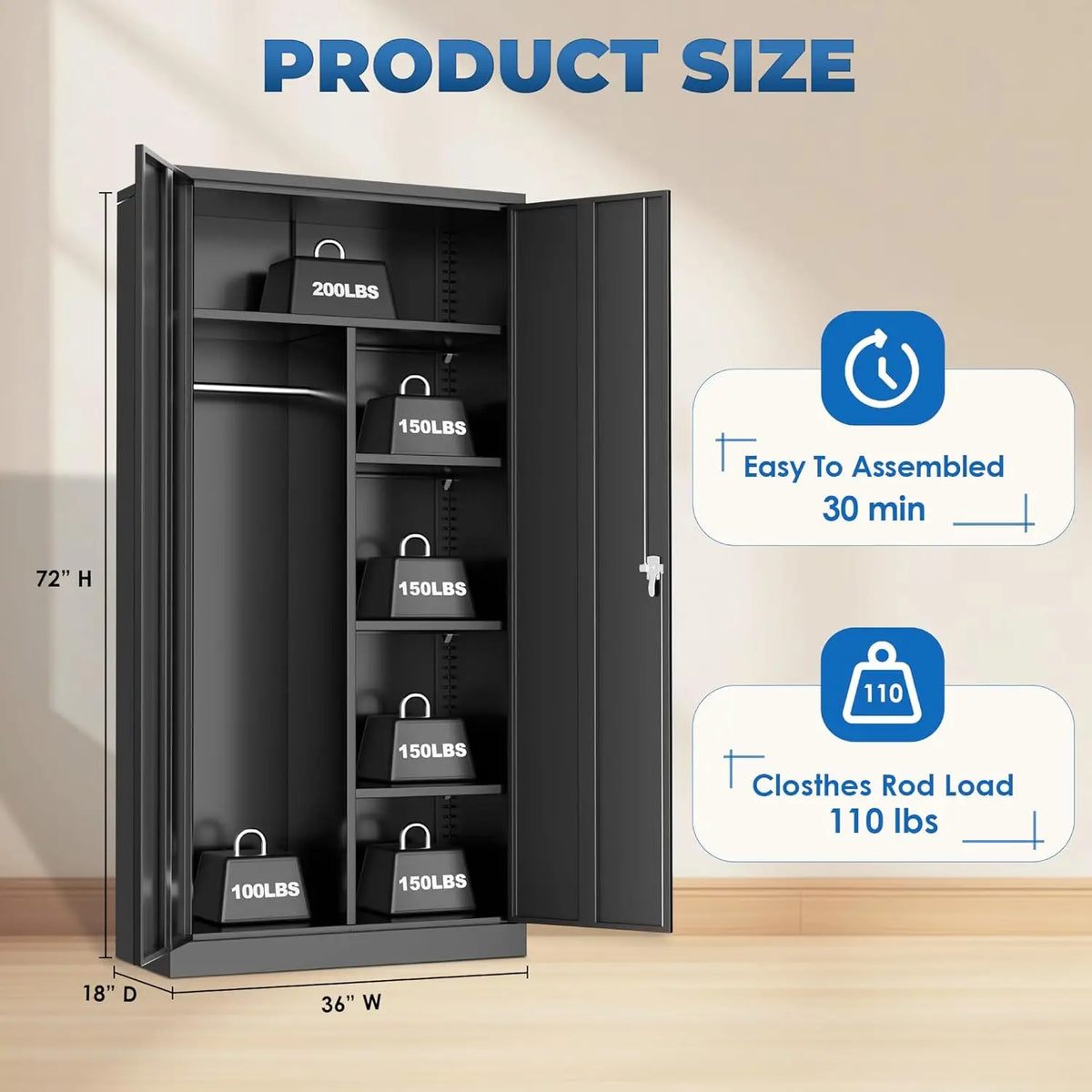 Durable Metal Wardrobe Cabinet With Lock Four Adjustable Shelves