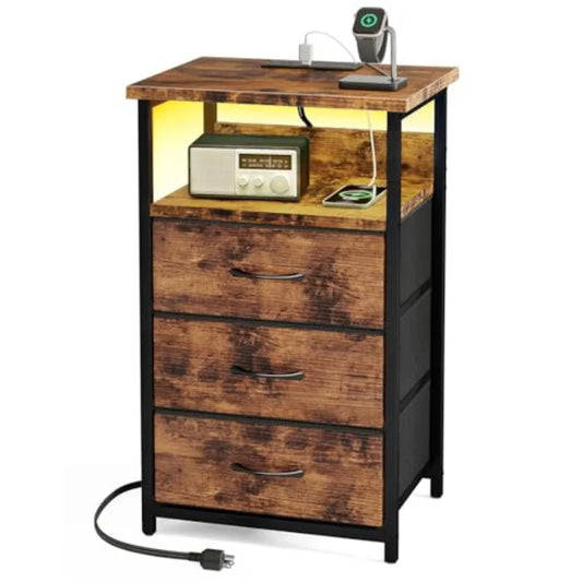 Night Stand with Charging Station, LED Nightstand with Fabric Drawers, End Table with PU Finish, Bed Side Table