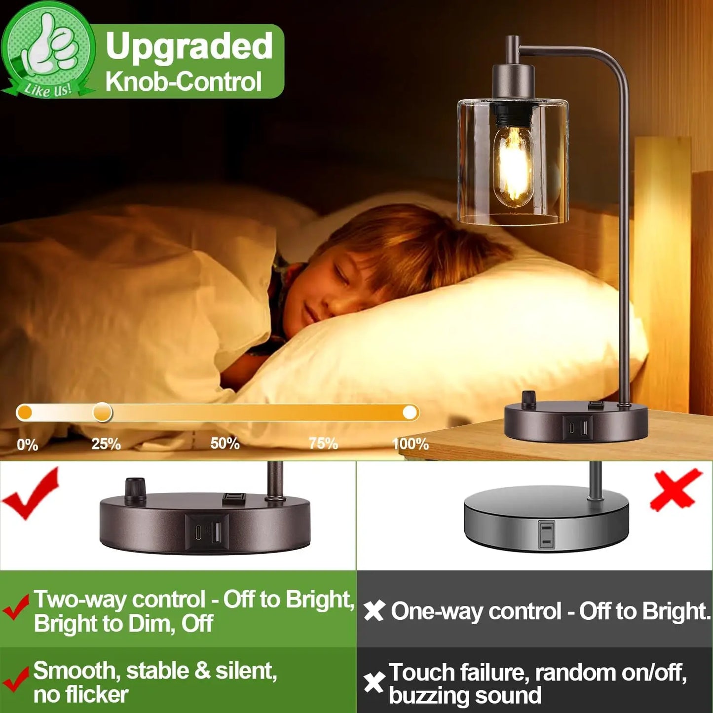 Oil Rubbed Bronze Table Lamps With USB C And USB A Ports Dimmable Glass Shade