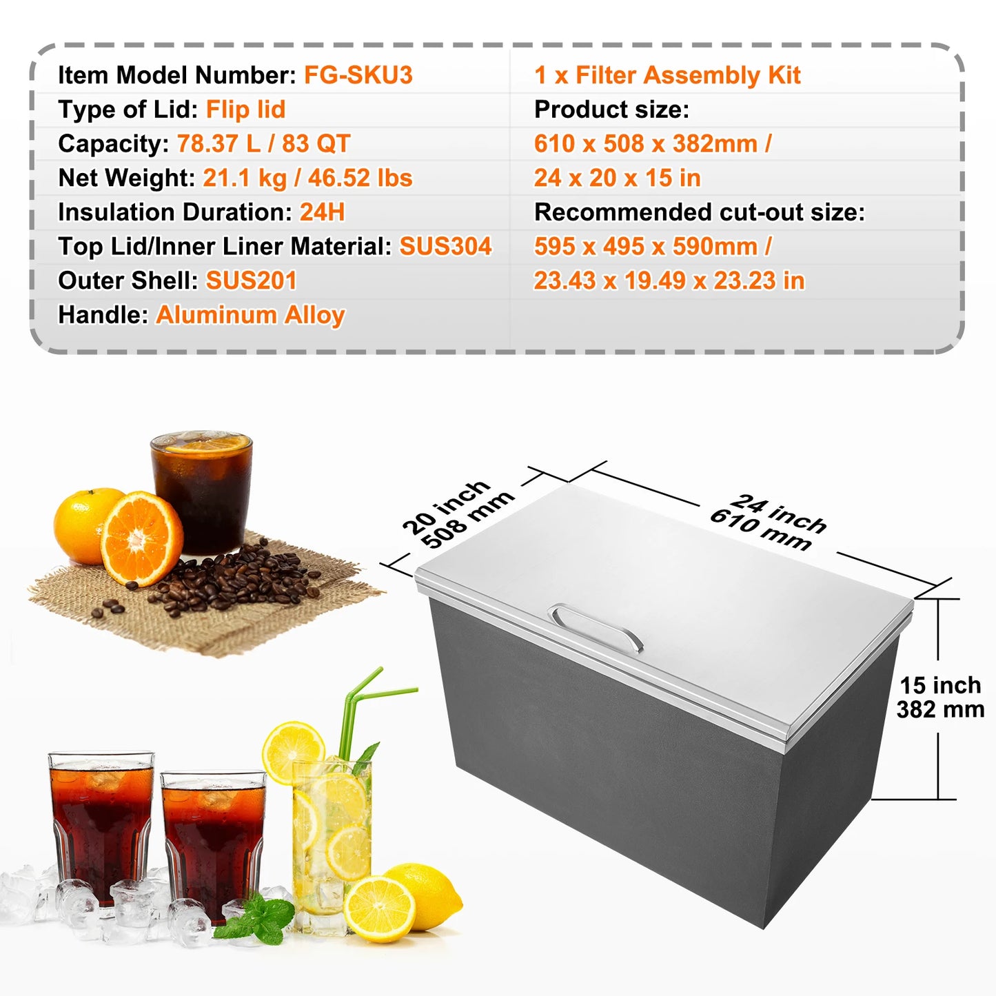 SucceBuy Drop in Ice Chest Stainless Steel Ice Cooler Commercial Ice Bin with Hinged Cover Outdoor Kitchen Ice Bar