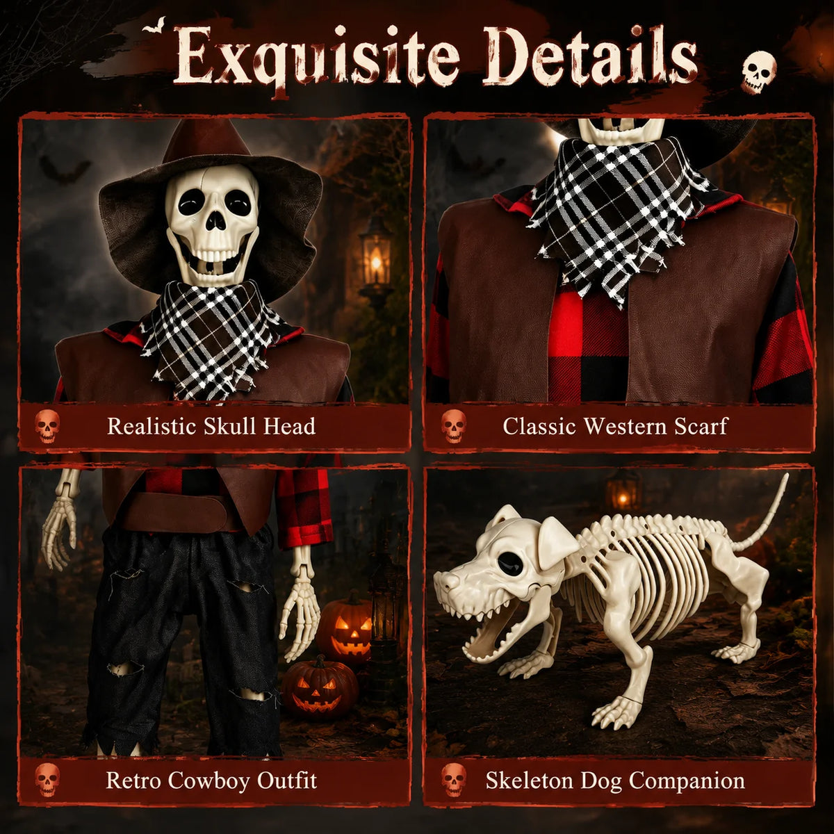 Posable Western Cowboy Skeleton Dog Halloween Outdoor Decor Set