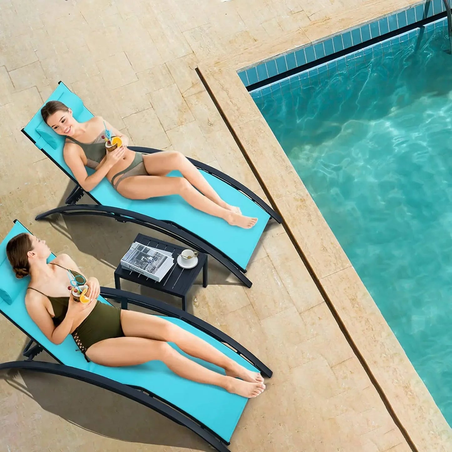 Aluminum Lounge Chair for Outside with 5 Adjustable Positions with Table 3Pcs Chaise Outdoor for Pool, Garden, Camping, Backyard