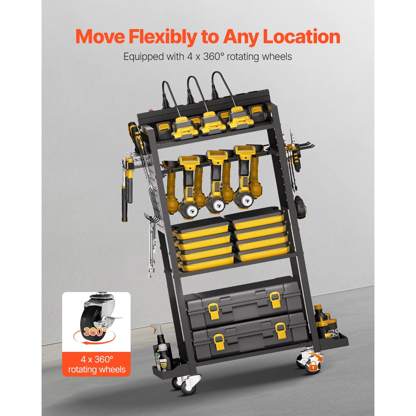 VEVOR 4-tier Tool Organizer Cart with Charging Station 8 AC Outlet Floor Stand Rolling Storage Drill Holder for Workshop Garage