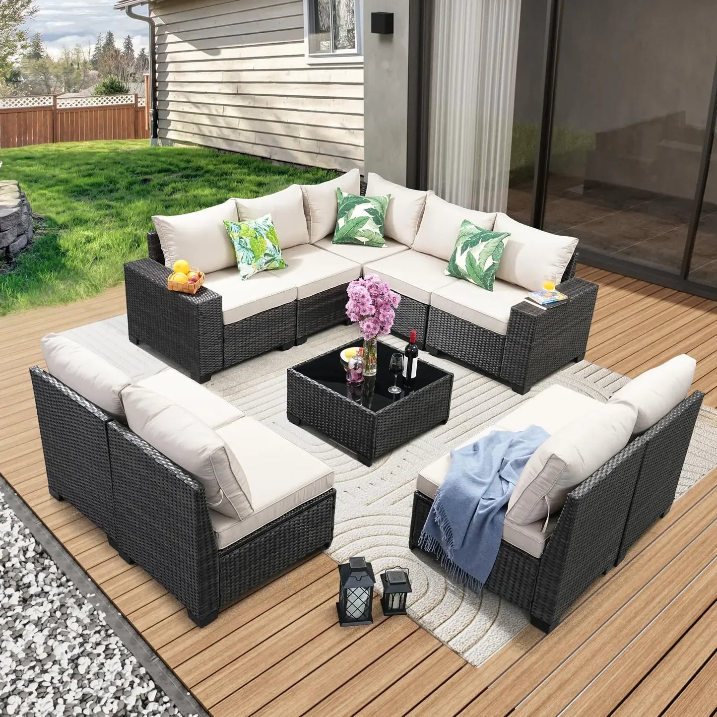 Patio Furniture Set Outdoor Wicker Sectional Conversation Sofa Rattan Patio Seating Sofa with Cushion and Glass Table