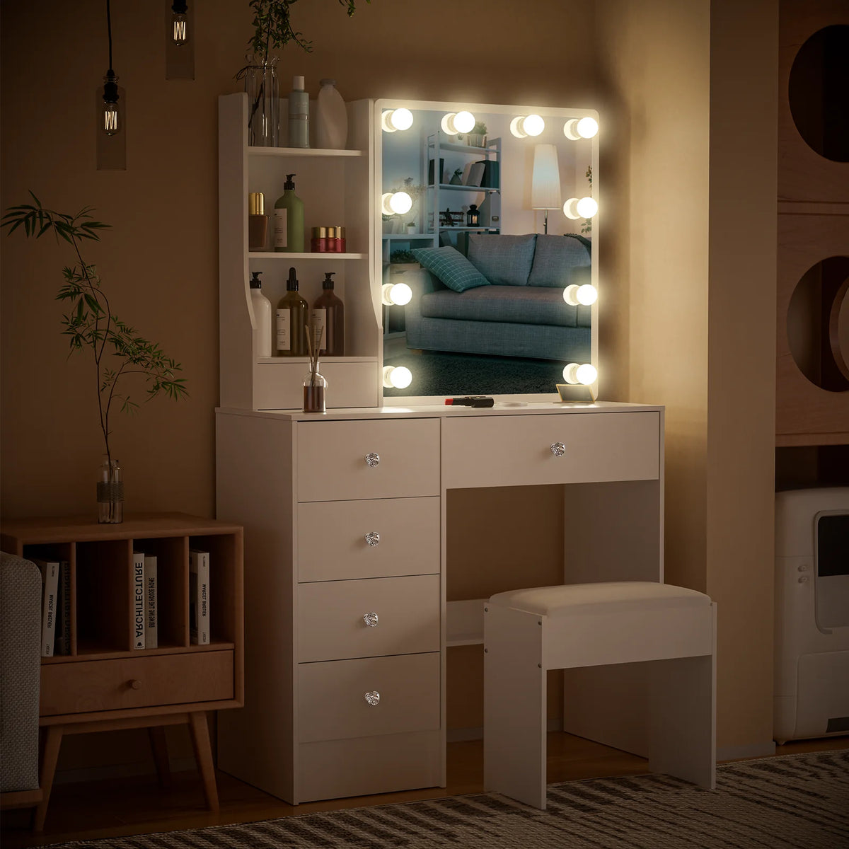 Teousev Modern Vanity Set With Led Mirror And Six Drawers