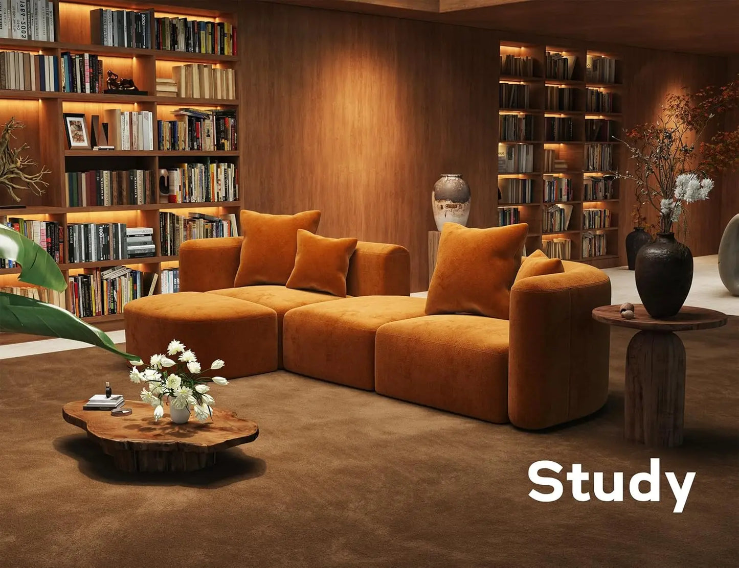 Velvet Modular Sectional Sofa With Ottoman Modern Curved Back